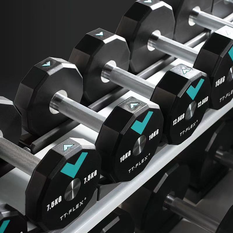 TT·FLEX polyurethane dumbbells on rack 7.5kg to 15kg